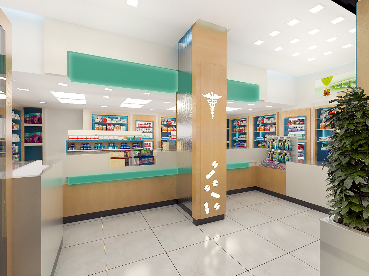 Interior apotek modern dengan rak display